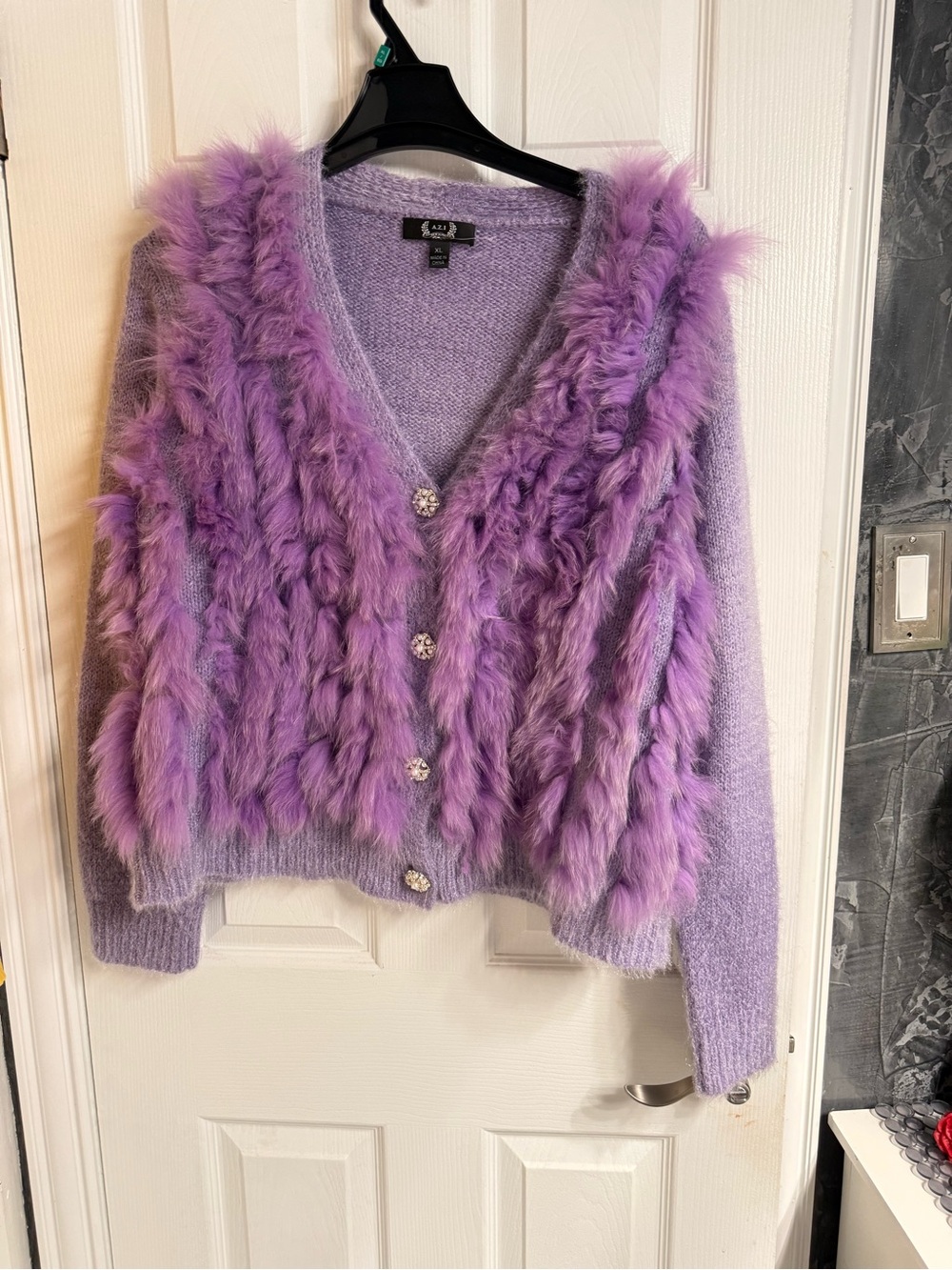 Lavender Faux Fur Trim Cozy Cardigan Sweater XL